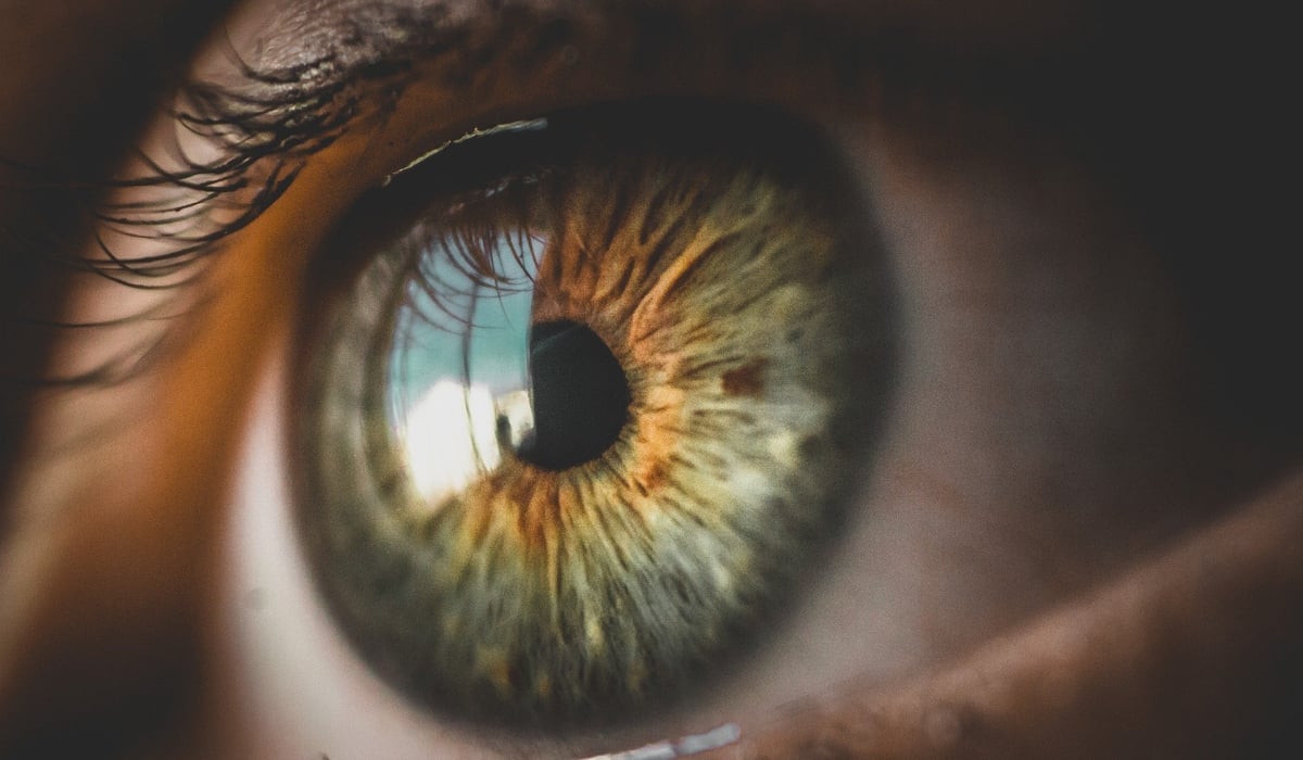 En närbild av en persons öga med reflektionen av en byggnad i iris.