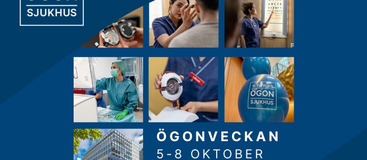 Poster inför evenemanget Ögonveckan. Det innehåller olika bilder, syntavla, ögonmodell, ballonger, vårdpersonal som står framför en dator i operationskläder, och en läkare som gör en synundersökning, samt ett par glasögon.
