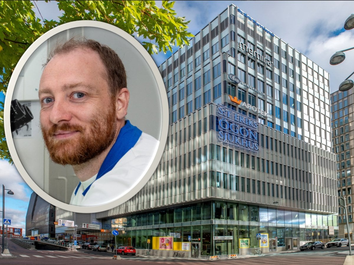 Porträtt på Pete Williams inklippt i ett foto av S:t Eriks Ögonsjukhus fasad.