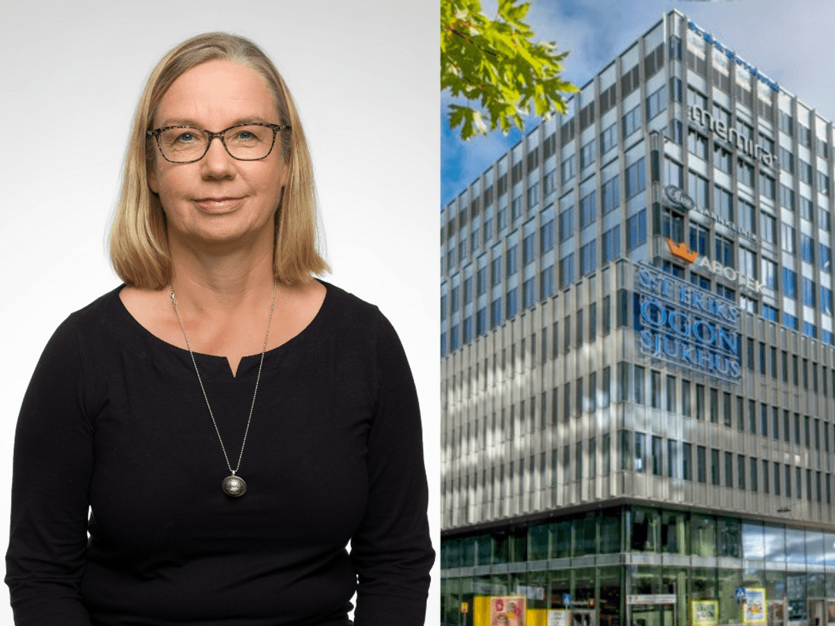 En tvådelad bild. Bilden till vänster visar en kvinna som bär en svart tröja. Hon har glasögon och blont hår. Bilden till höger visar S:t Eriks Ögonsjukhus fasad.