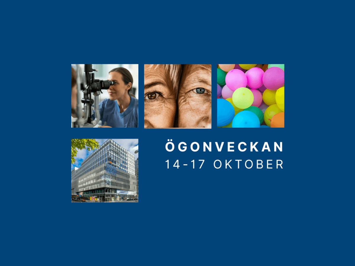 Ett kollage med bilder. En person som gör en synundersökning, två personer i närbild, en bild på ballonger och en bild på S:t Eriks Ögonsjukhus fasad