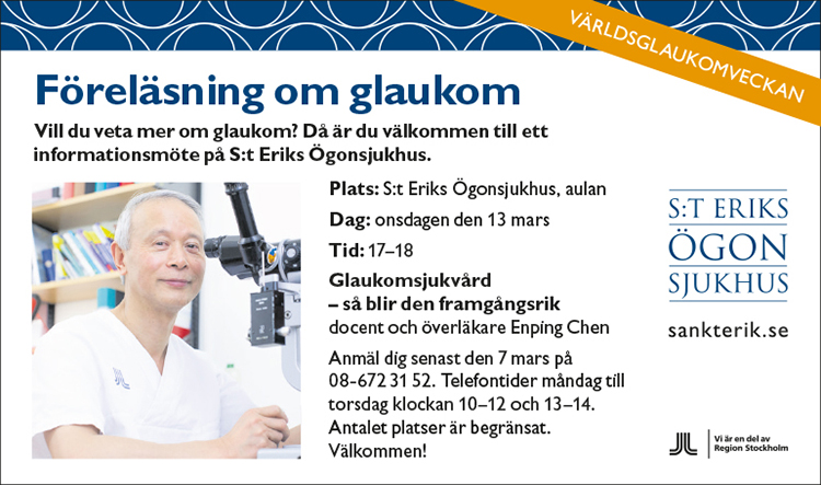 En leende man i sjukvårdskläder i en annons för en informationsträff om glaukom.